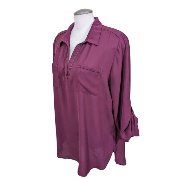 MARIE CLAIRE BOUTIQUES Sheer V Neck Blouse Tunic Womens XL Burgundy Red Roll Tab - Picture 5 of 7